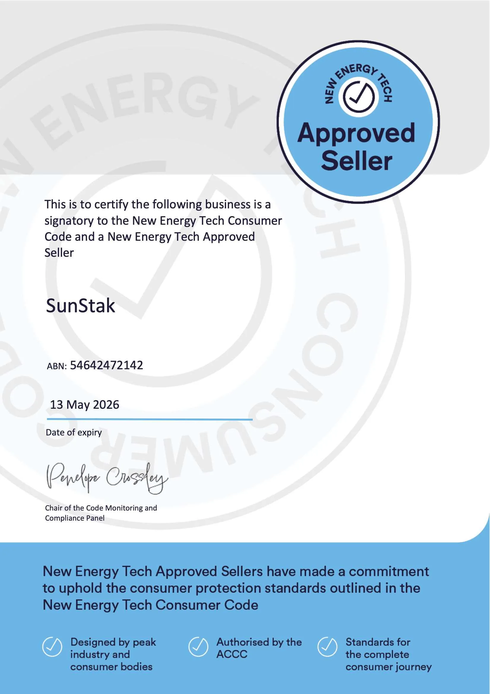 New Energy Tech Consumer Code approved seller